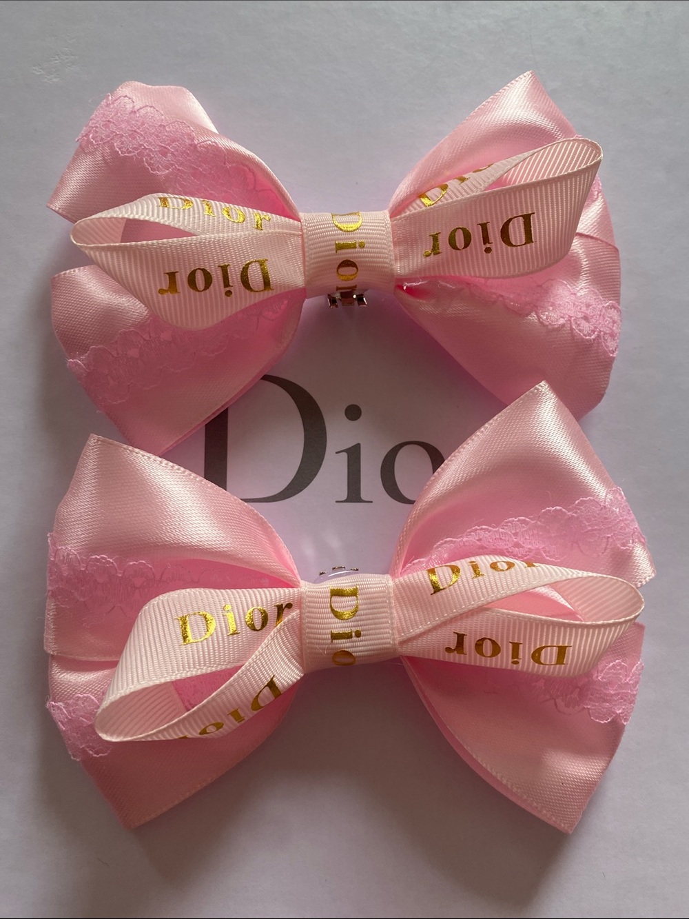 Dior Pink Ribbon ShoeClips Bows with Gold Logo